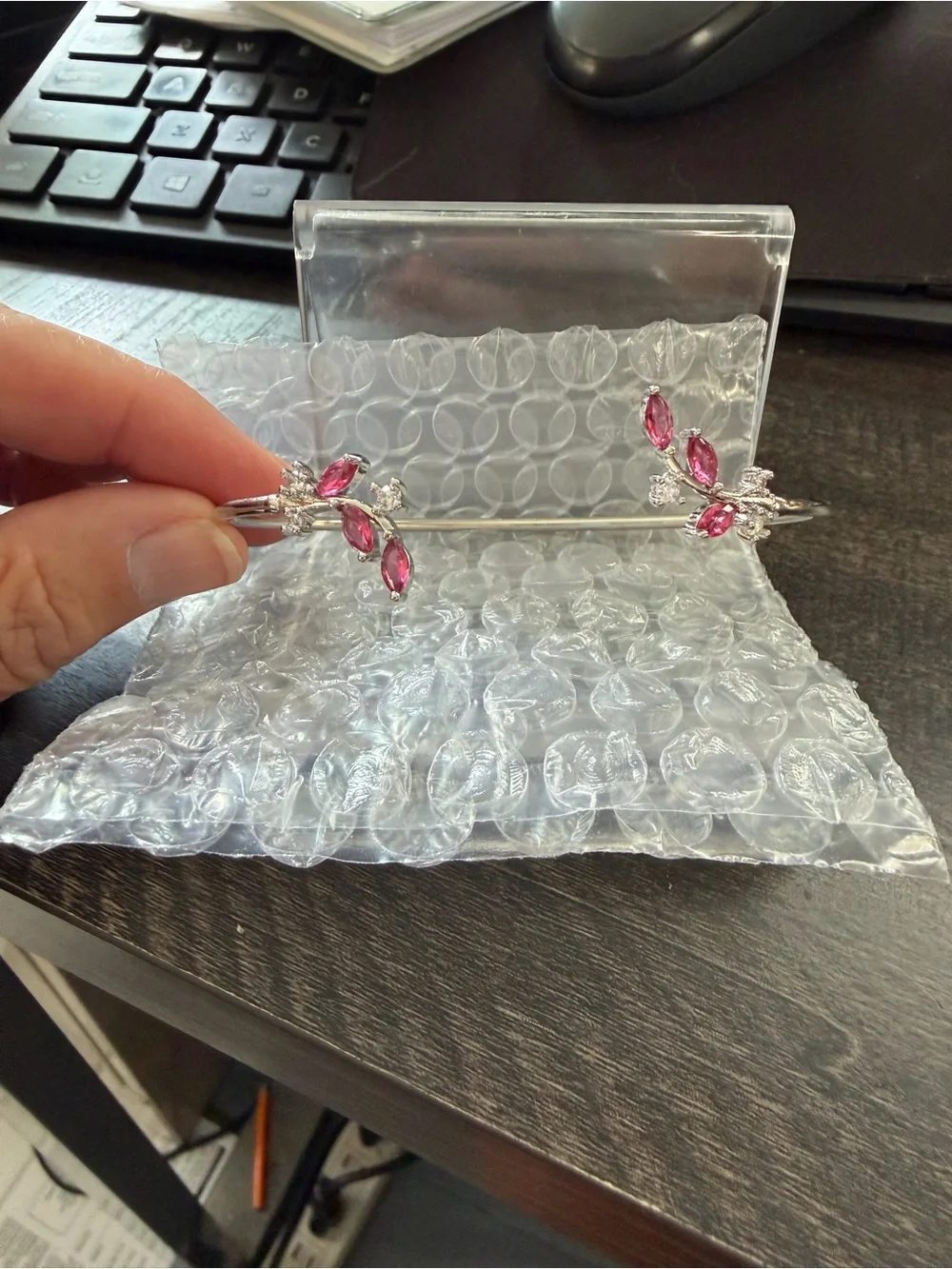 Silver Open Bangle Bracelet with Pink Marquise Stones
